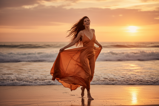 A beautiful woman with long brown hair running on a beach at golden hour