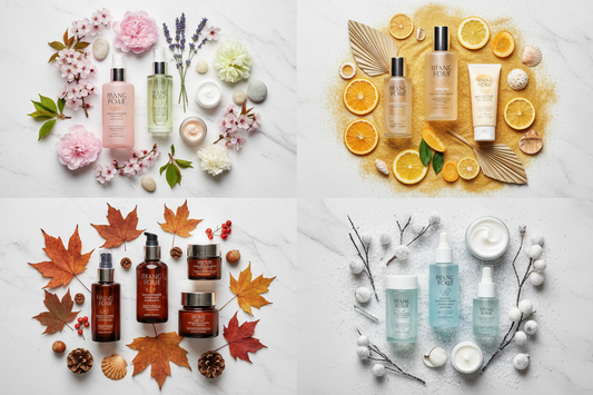 Skincare products styled across four seasons - spring, summer, autumn, winter